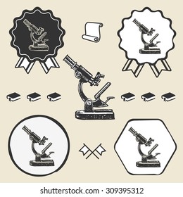Old vintage microscope symbol emblem label collection set