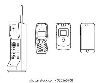 Old vintage mobile phones and smart phone vector line icons