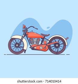 Old vintage motorcycle.Vector illustration of red color motorcycle isolated on white background..Vector illustration in line color art style.