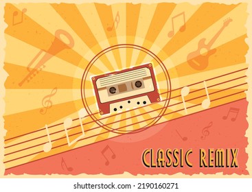 Old Vintage Musical Background. Old Tape, Guitar, Trumpet, Musical Notes Vector Illustration