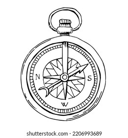 Old vintage nautical compass for map. Hand drawn vector Sketch in retro style. Illustration on white isolated background