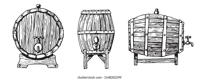 Old vintage oak wooden Barrels with Beer or Wine.Vector hand drawn sketch of Kegs with Whiskey for icon or logo. Drawing set for bub design