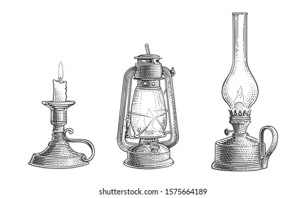 Old vintage oil lamps and candle engraving line illustration. Vector. 