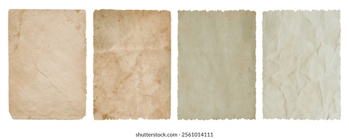 Old vintage paper background textures, crumpled worn stained parchment sheets with torn ripped edges