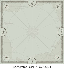 Old vintage paper with compass directions. Vector illustration on the theme of travel, adventure and discovery on the background of wind rose and old map. Pirate map concept.