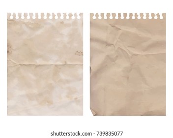 Old vintage paper pages grunge style, brown coffee stains, aged sheets, torn from notebook, template for design in retro style.