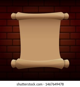 old vintage paper ribbon scroll isolated on brick wall background. vector old paper icon or label