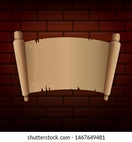 old vintage paper ribbon scroll isolated on brick wall background. vector old paper icon or label