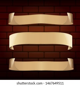 old vintage paper ribbon scroll isolated on brick wall background. vector old paper icon or label