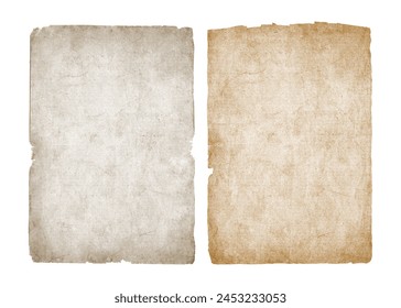 Old vintage paper sheets with ripped edges. Antique paper texture set, isolated on transparent background