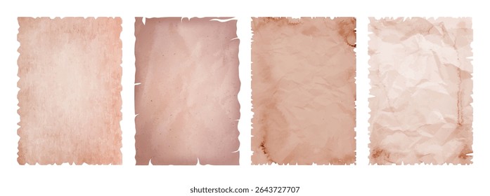 Folhas de papel antigas. Planos de fundo de pergaminho rasgado, folhas manuscritas envelhecidas com bordas rasgadas com texturas de papel amassado. Papiro temperado, conjunto de vetor realista de maquete de documento antigo.