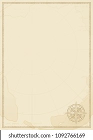 Old vintage paper with wind rose compass sign. Vector illustration on the theme of travel, adventure and discovery on the background of old map. Pirate map concept.