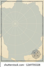 Old vintage paper with wind rose compass sign. Vector illustration on the theme of travel, adventure and discovery on the background of an old map. Pirate map concept.