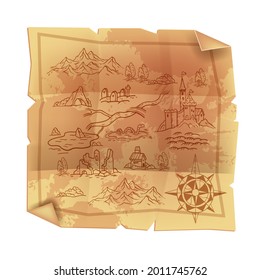 Old vintage parchment map, antique papyrus cartography treasure illustration, fantasy game paper. Medieval geography kingdom art, castle, wind rose, mountains, ruin. Pirate old dirty map on white