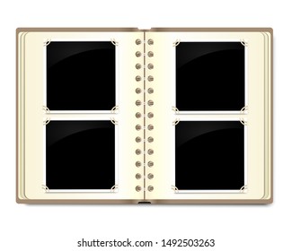 Old vintage photo album with empty blank frames. Stock vector illustration.