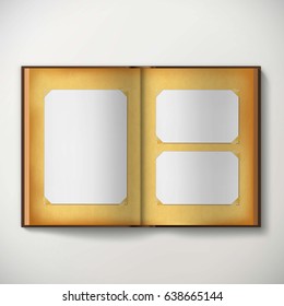 Old vintage photo album with empty blank frames. Stock vector illustration.