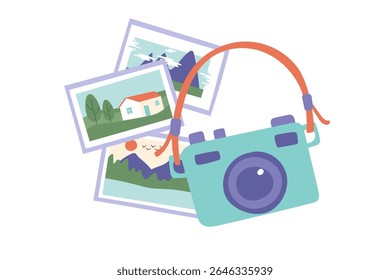 Antiga câmera de fotos vintage com fotos. Conceitos de fotografia, viagem, memórias, estilo retro. Cliparts vetoriais em estilo plano.	
