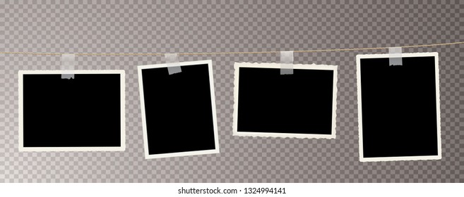 old vintage photo frames on rope with transparent white stick tapes, vector illustration