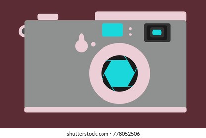 Old, vintage, pink, with a blue diaphragm retro camera on a brown background. Vector illustration.
