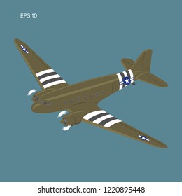 Old vintage piston engine airliner. Legendary retro aircraft vector illustration. Military transport freighter