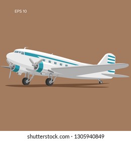 Old vintage piston engine airliner. Legendary retro aircraft flat design vector illustration