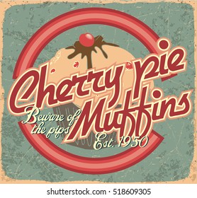 Old vintage poster template for bakery shop. cherry pie muffins vector