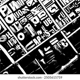 Antiguas cartas de prensa de impresión vintage. Textura de superposición grunge monocromo de letras de prensa de impresión.