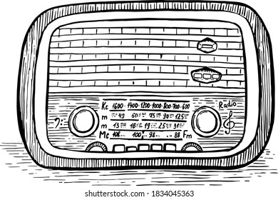Old vintage radio receiver device sketch engraving vector illustration. Scratch board style imitation. Black and white hand drawn image.