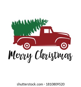 Old Vintage Red Christmas Truck With Pine Tree Vector