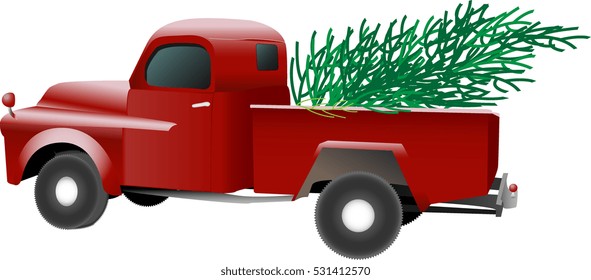 Old vintage red pickup truck carrying a Christmas pine tree in the bed, vector illustration on white