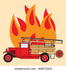 Old vintage retro fire truck with a bell on the background of fire