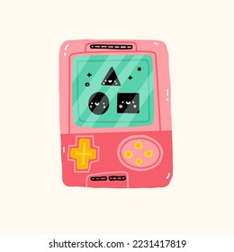 Old vintage retro game consoles electronic, cute funny vector illustration. Tetris with screen display, chain and buttons. 90s Tetris digital pet pocket game. Kawaii hand draw illustration.