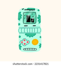 Old vintage retro game consoles electronic, cute funny vector illustration. Tetris with screen display, chain and buttons. 90s Tetris digital pet pocket game. Kawaii hand draw illustration.