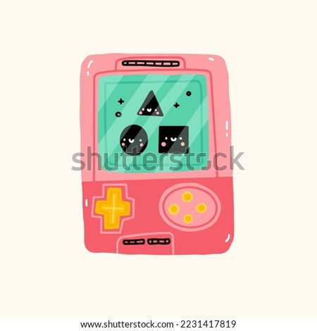 Old vintage retro game consoles electronic, cute funny vector illustration. Tetris with screen display, chain and buttons. 90s Tetris digital pet pocket game. Kawaii hand draw illustration.