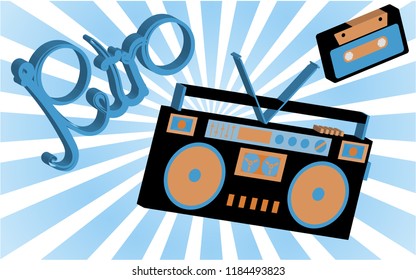 Old vintage retro hippies is a stylish isometric music audio recorder for listening to audio cassettes from the 70's, 80's, 90's against the background of solar abstract rays. Vector illustration.