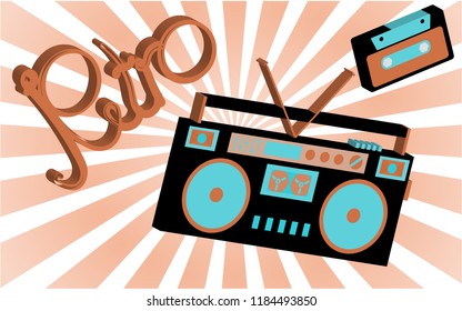 Old vintage retro hippies is a stylish isometric music audio recorder for listening to audio cassettes from the 70's, 80's, 90's against the background of solar abstract rays. Vector illustration.