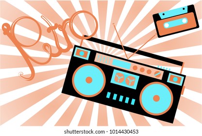 Old, vintage, retro, hipster, antique, cassette audio tape recorder and audio cassette from the 80's, 90's with an inscription of retro against a light brown rays. Vector illustration.