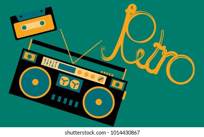 Old, vintage, retro, hipster, antique, cassette audio tape recorder and audio cassette from the 80's, 90's with an inscription retro on a dark green background. Vector illustration.