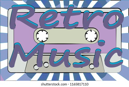 An old vintage retro hipster antique musical film audio cassette and an inscription of retro music on a background of rays from the 70's, 80's, 90's. The background. Vector illustration.