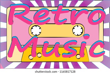 An old vintage retro hipster antique musical film audio cassette and an inscription of retro music on a background of rays from the 70's, 80's, 90's. The background. Vector illustration.