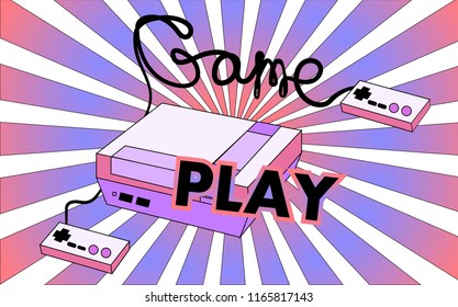 Old vintage retro hipster antique game console for video games with joysticks and gameplay on the background of the 70's, 80's, 90's. The background. Vector illustration.