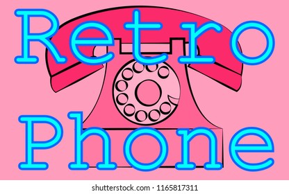 An old vintage retro hipster antique disk wired fixed telephone and an inscription of a retro phone on the background of the rays of the 70's, 80's, 90's. The background. Vector illustration.