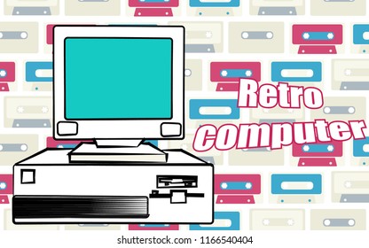 Old vintage retro hipster antique gaming desktop computer and a retro computer inscription from the 70's, 80's, 90's on a background of audio cassettes. Vector illustration.