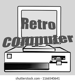 Old vintage retro hipster antique gaming desktop computer and a retro computer inscription from the 70's, 80's, 90's on a background of audio cassettes. Vector illustration.