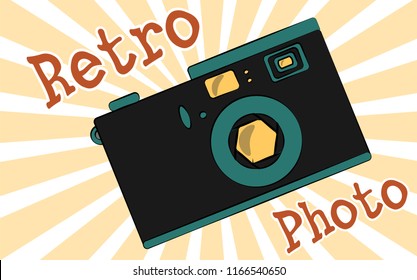 Old vintage retro hipster antique camera and an inscription retro photo from the 70's, 80's, 90's against the background of the sun's rays. Vector illustration.