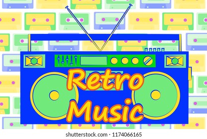 old vintage retro hipster stylish music audio tape recorder for audiocassettes of the 70's, 80's, 90's and an inscription retro music. The background. Vector illustration. Disco poster.