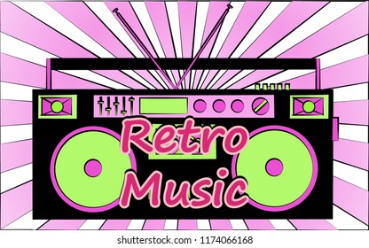 old vintage retro hipster stylish music audio tape recorder for audiocassettes of the 70's, 80's, 90's and an inscription retro music. The background. Vector illustration. Disco poster.