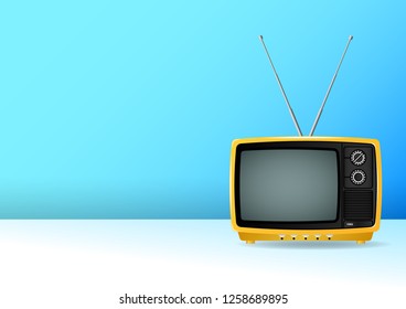 Old, Vintage, Retro, Small, Yellow Portable Plastic Television Isolated The Blue Wall. Realistic Vector Illustration