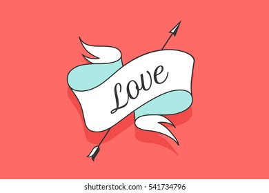 Old vintage ribbon banner with text Love in red background. Hand drawn design element. Design concept for greeting card, print t-shirt and Love themes. Vector Illustration
