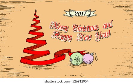 old vintage ribbon banners and drawing in engraving style. Hand drawn design element. spruce. New Year's toys. blackboard. insert your text. Vector Illustration. 
Merry Christmas and Happy New Year!